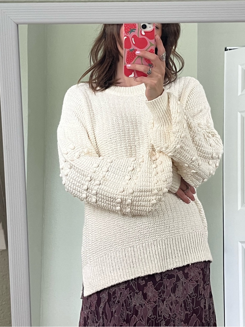 Madewell Cream Bobble Pom Sleeve Ribbed Knit Cotton Sweater